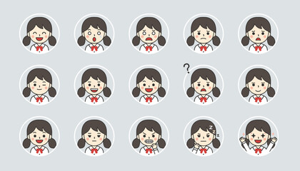 Fototapeta premium Grid of fifteen facial expression icons showing various emotions of a cartoon schoolgirl with pigtails.