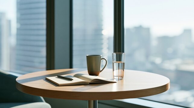 Modern Office Lounge with Wooden Table, Notebook, Coffee Mug and City Skyline View