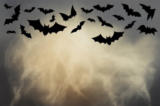 Silhouettes of bats flying against a full moon in a spooky night sky