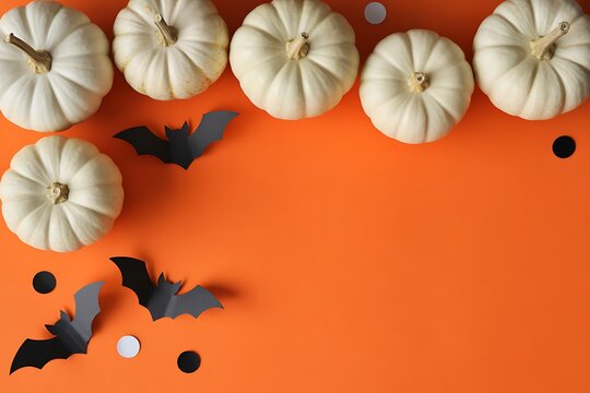 Halloween flat lay with white pumpkins bats and spooky eye decorations on orange