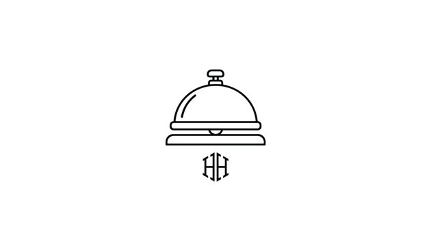Fine line icon of a hotel reception service bell with a double letter h monogram logo inside a hexagon below it.
