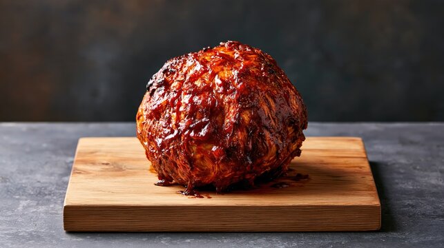 Whole roasted celeriac with a glossy, dark glaze on a wooden board