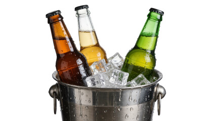 Three beer bottles in a metal ice bucket with condensation, isolated on transparent background © Nicolae