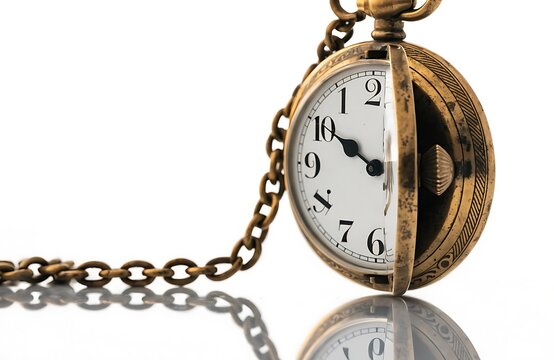 Vintage gold pocket watch with metal chain on white background