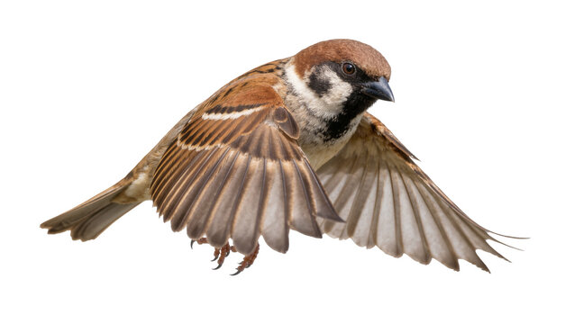 Brown and white sparrow bird with open wings flying, isolated on transparent background
