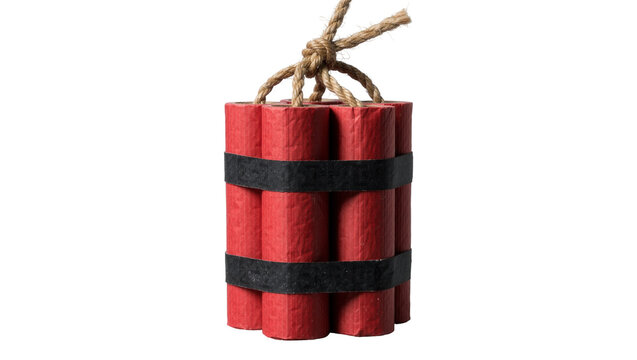 Bundle of red dynamite sticks with black bands and jute twine, isolated on transparent background