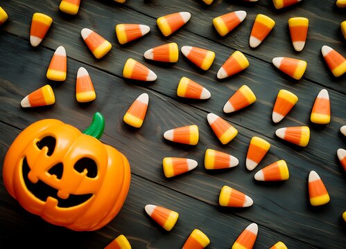 Halloween pumpkin and candy corn scattered across a dark wooden table top view