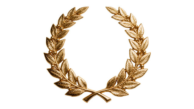 Golden laurel wreath with detailed leaves and berries, isolated on transparent background