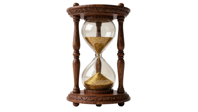 Ornate wooden hourglass with golden glitter sand, isolated on transparent background