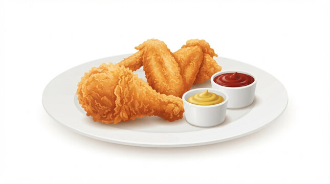 Delicious crispy fried chicken drumstick and wings on a plate with dipping sauces isolated on white background