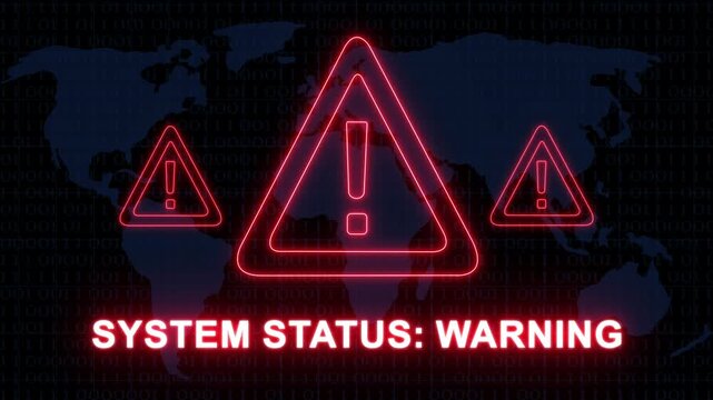 System status warning alert with glowing red neon exclamation marks and digital map background, for cybersecurity breach, network failure, data, protection, online threat