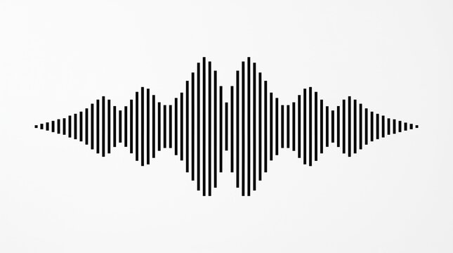 Black audio waveform icon featuring symmetrical vertical sound bars with varying amplitudes, centered horizontally on a clean white background in minimalist vector style.