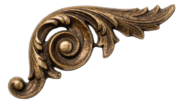Ornate bronze scrollwork corner piece with leaf motifs, isolated on transparent background