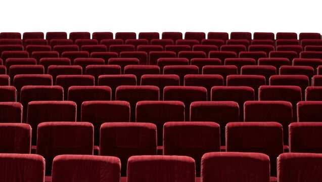 Rows of plush red velvet theater seats, isolated on transparent background