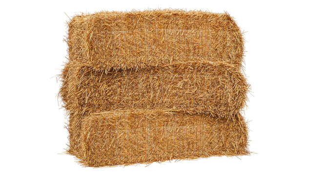 Stack of three rectangular golden hay bales, isolated on transparent background