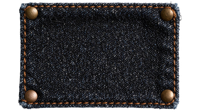 Dark blue denim patch with copper rivets stitched edges, isolated on transparent background