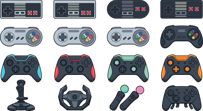 Set of various retro and modern video game controllers, joysticks, and gaming peripherals in flat vector illustration style