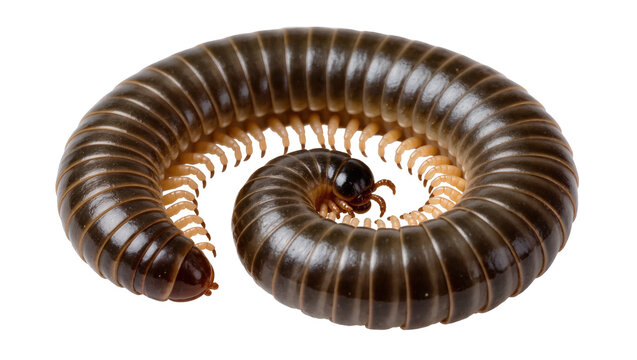 Dark brown millipede curled into a spiral, isolated on transparent background