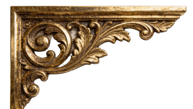 Ornate golden carved decorative corner bracket with acanthus leaves, isolated on transparent background