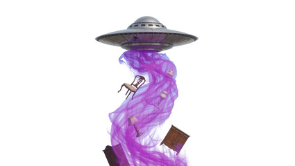 Silver flying saucer abducting furniture with purple smoke, isolated on transparent background © Nicolae