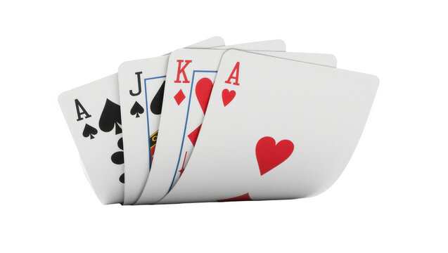 Poker hand of Ace King Jack and Ace of spades and hearts, isolated on transparent background