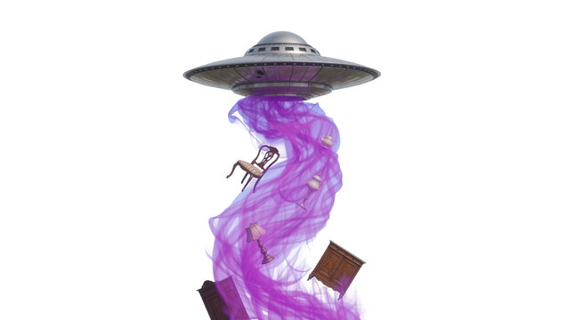 Silver flying saucer abducting furniture with purple smoke, isolated on transparent background