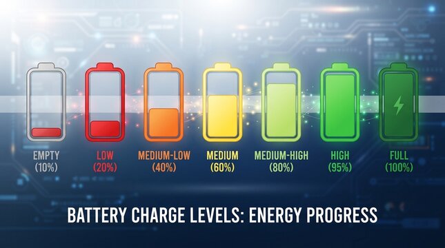Battery charge level infographic showing seven smartphone battery icons progressing from empty to full, using red, orange, yellow, and green colors on background.