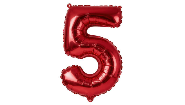Shiny red number 5 foil balloon, isolated on transparent background