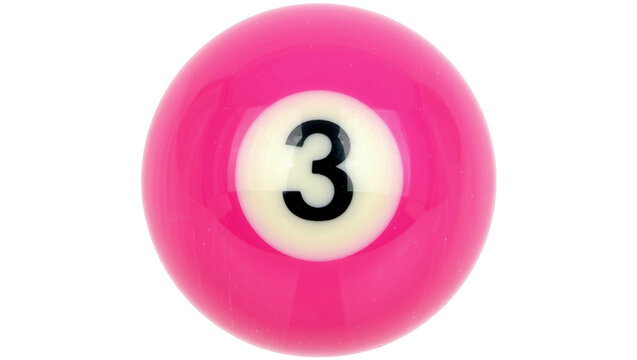 Bright pink billiard ball with number 3, isolated on transparent background