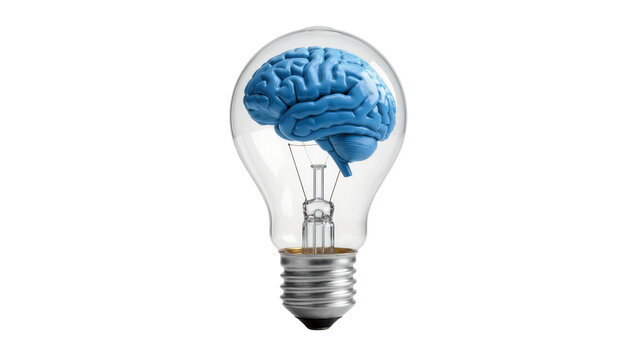 Blue brain inside a clear glass light bulb, isolated on transparent background