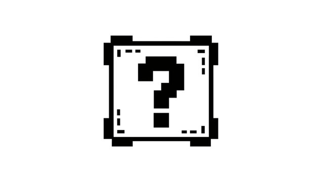 Pixelated question mark block retro video game element, isolated on transparent background