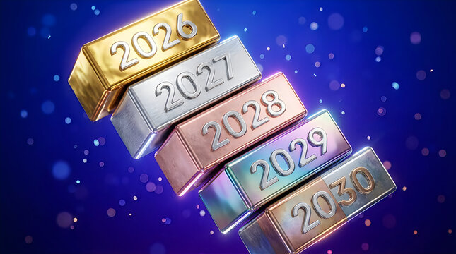 Five metallic bars labeled with years from 2026 to 2030 floating against a dark blue bokeh background