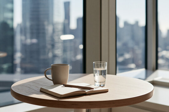 Modern Office Lounge with Wooden Table, Notebook, Coffee Mug and City Skyline View