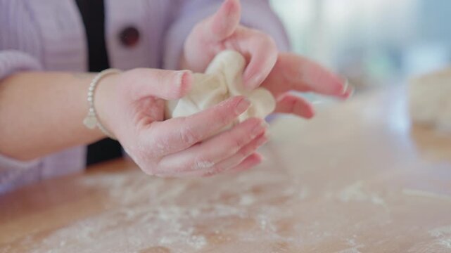 Dough ball being cut in a bright and open kitchen. Pizza and bread on top of counter top and flour