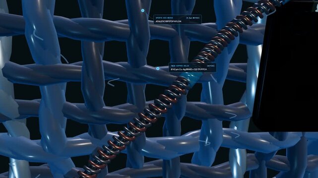 3D animation of e-textile biometrics technology with a smart fabric weaving copper helix threads for real-time cardiac ECG feedback transmitting data to a mobile device interface