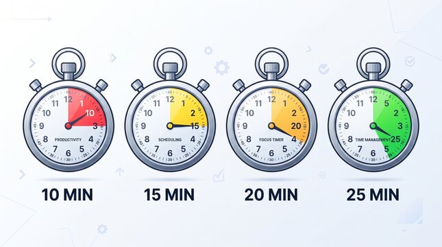 Four colorful stopwatch icons showing 10, 15, 20, and 25 minute intervals, featuring red, yellow, orange, and green timing indicators on white.
