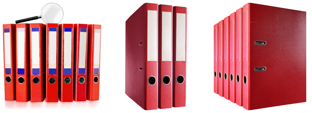 Collection of red ring binders and a magnifying glass on transparent background