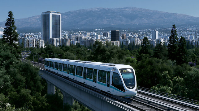 advanced maglev train speeding along elevated railway tracks near a futuristic train station