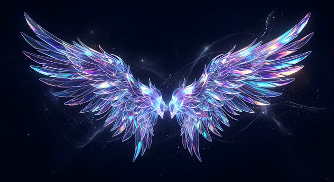 Abstract 3D glowing neon blue and purple glass angel wings spread open on a dark background