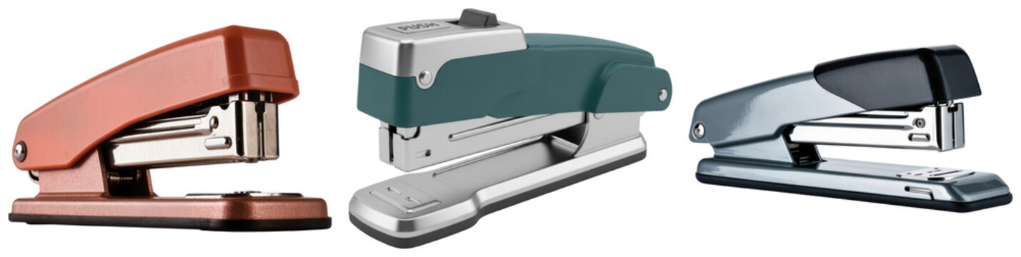 Three different staplers isolated on a transparent background