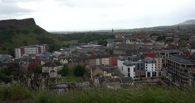 Edinburgh and Arthur's Seat viewed from Calton Hill in Scotland, UK