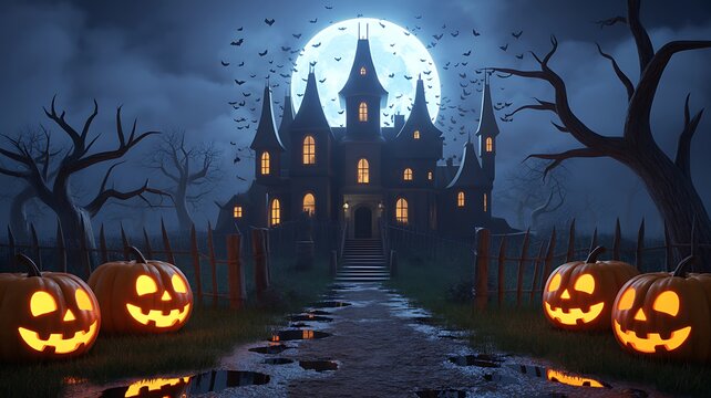 Spooky haunted castle with glowing jackolanterns under a full moon on halloween night