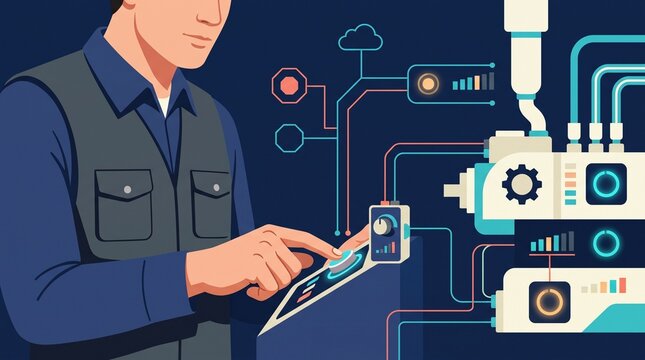 Flat Design Illustration Of Industrial Technician Using Smart HMI Control Panel