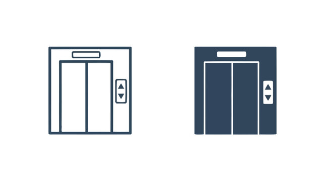 Minimalist vector elevator door icons featuring outline and solid styles for modern graphic interface design projects