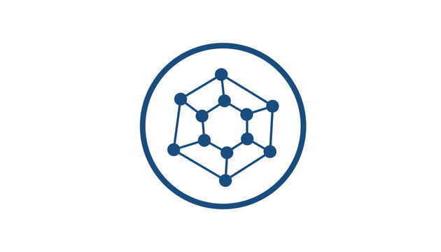 Abstract chemical molecule or technological network node logo design inside a circular frame over white.