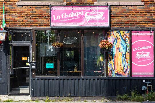 Montreal, Quebec, Canada, August 24, 2026 - Facade of La Chalupa Mexican restaurant at its 1121 B&eacute;langer street location in the Rosemont neighbourhood