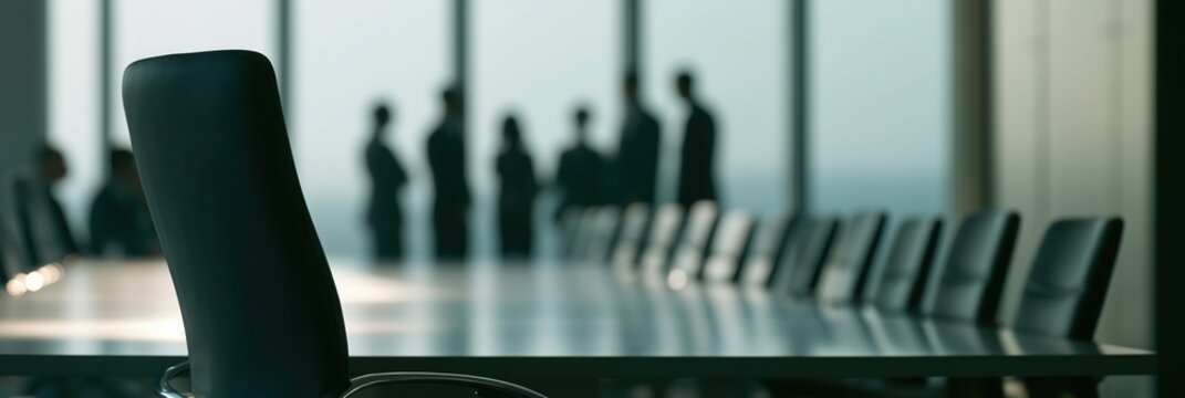Panoramic View of Modern Executive Boardroom Table and Empty Chairs with Blurred Business Team Standing by Large Office Windows for Corporate Leadership Concept