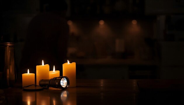 Burning candles and a flashlight on table during a power outage