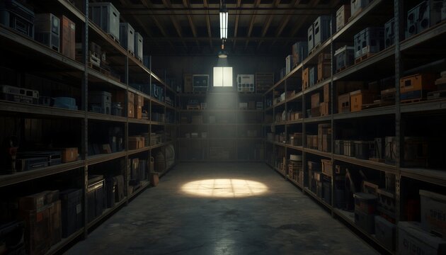 Dimly lit warehouse interior with a single spotlight shining on the floor