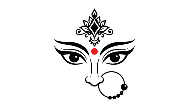 Stylized artistic illustration of goddess durga eyes with traditional bindi and nose ring
